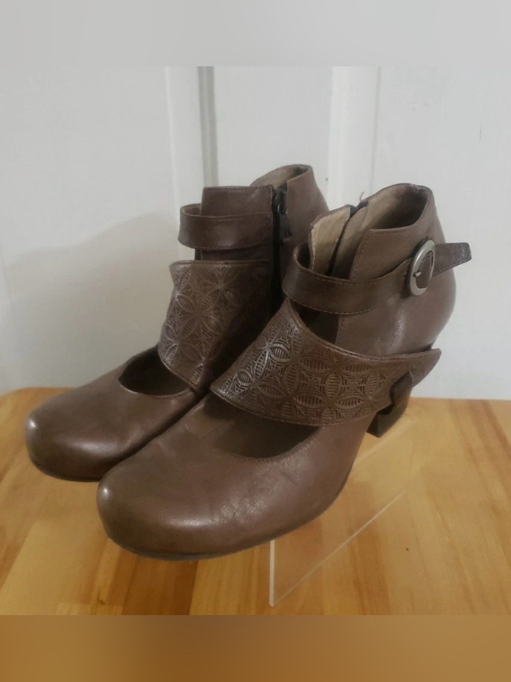Miz Mooz Brown Leather Decorative Strap Ankle Heeled Boots
